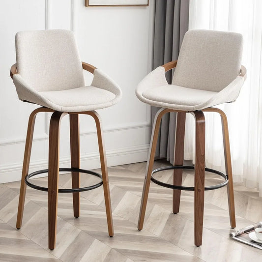 Counter Height Barstools Set of 2 Modern Retro Bar Chairs Charcoal Beige Linen Look Fabric Upholstered and Walnut Wood Frame