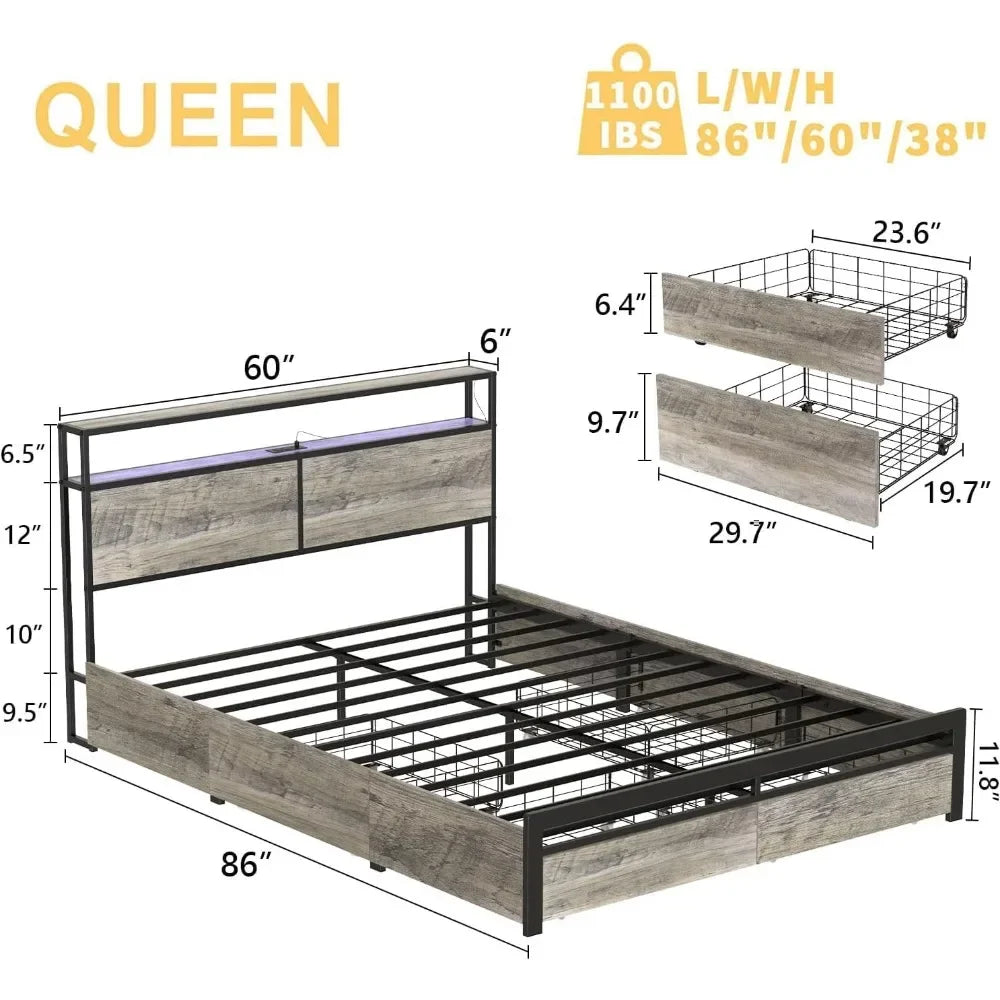 Queen Bed Frame with Storage Headboard and 4 Drawers LED Lights Metal Platform with Non-Slip Surface, Noise-Free Sturdy Meta