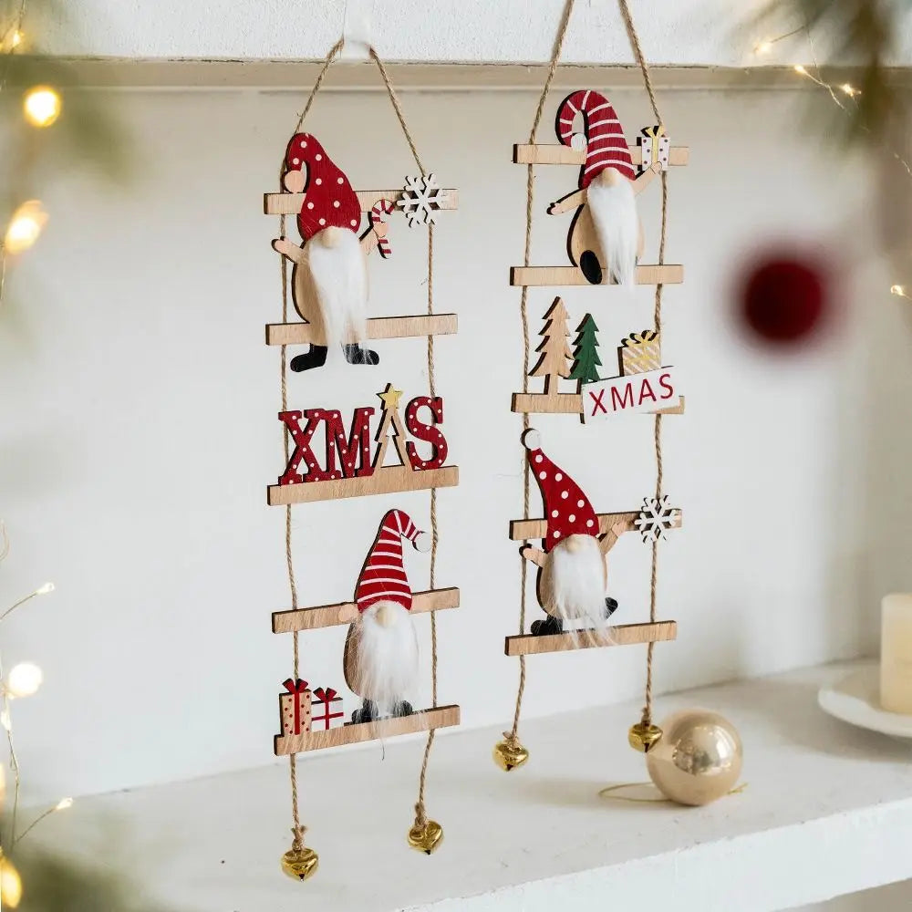 Cartoon Climbing Ladder Santa Claus Pendants with Bells DIY Christmas Wooden Hanging Tree Festive Merry Christmas Decor