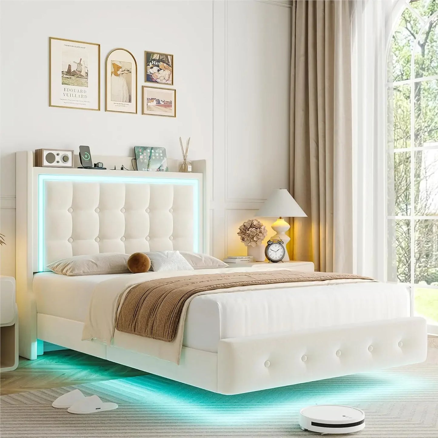 Upholstered Floating Bed Frame with LED Lights and Charging Station,Pu Leather Platform Bed with Button Tufted Storage Headboard