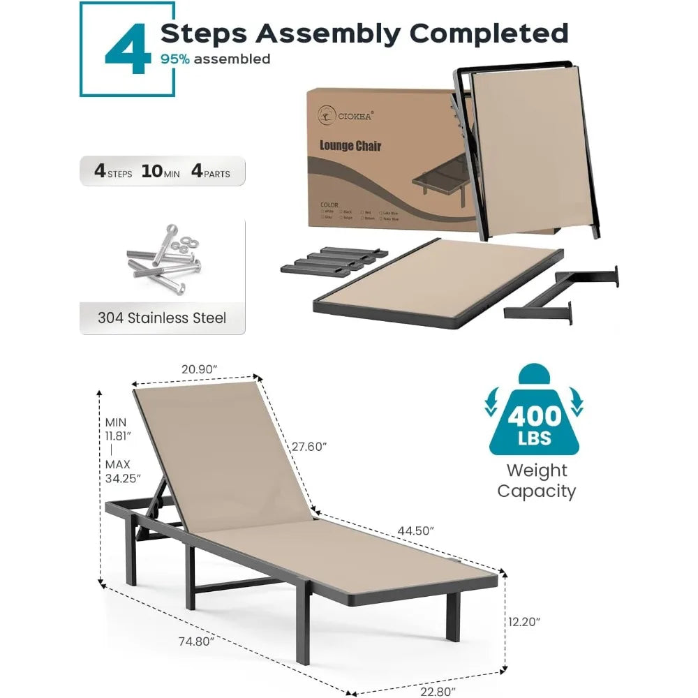 Aluminum Chaise Lounge Chair Outdoor,Patio Lounge Chair with Adjustable 5-Position Recliner and Full Flat Tanning Chair for Pool