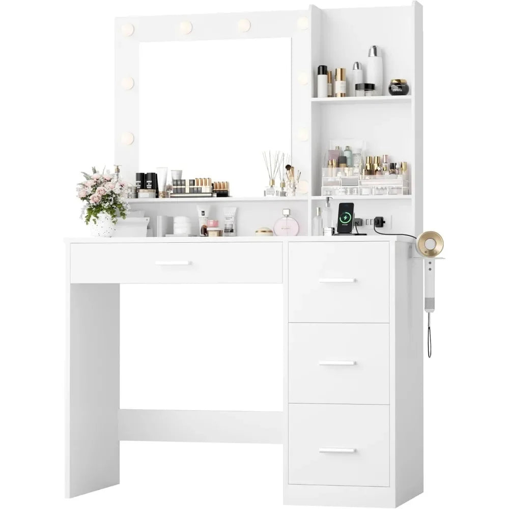 Vanity Desk with LED Lighted Mirror&Power Outlet, 39.3’’ Makeup Vanity Table with 4 Drawers and 3 Storage Shelves, Adjustable