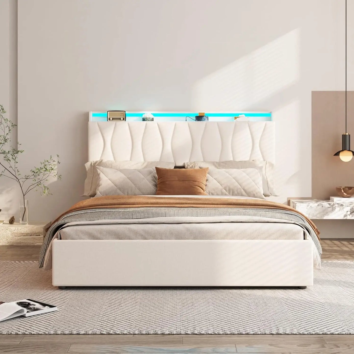 King Size Storage Bed Frame Height Adjustable Storage Headboard with Charging Station LED Lights Upholstered Platform Bed