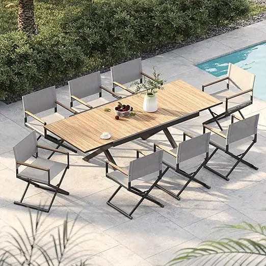 9-Piece Outdoor Dining Set, 8 Extra-Wide Foldable Chairs & 1 Extendable Table, UV-Resistant Mesh , Outdoor Dining Table Sets