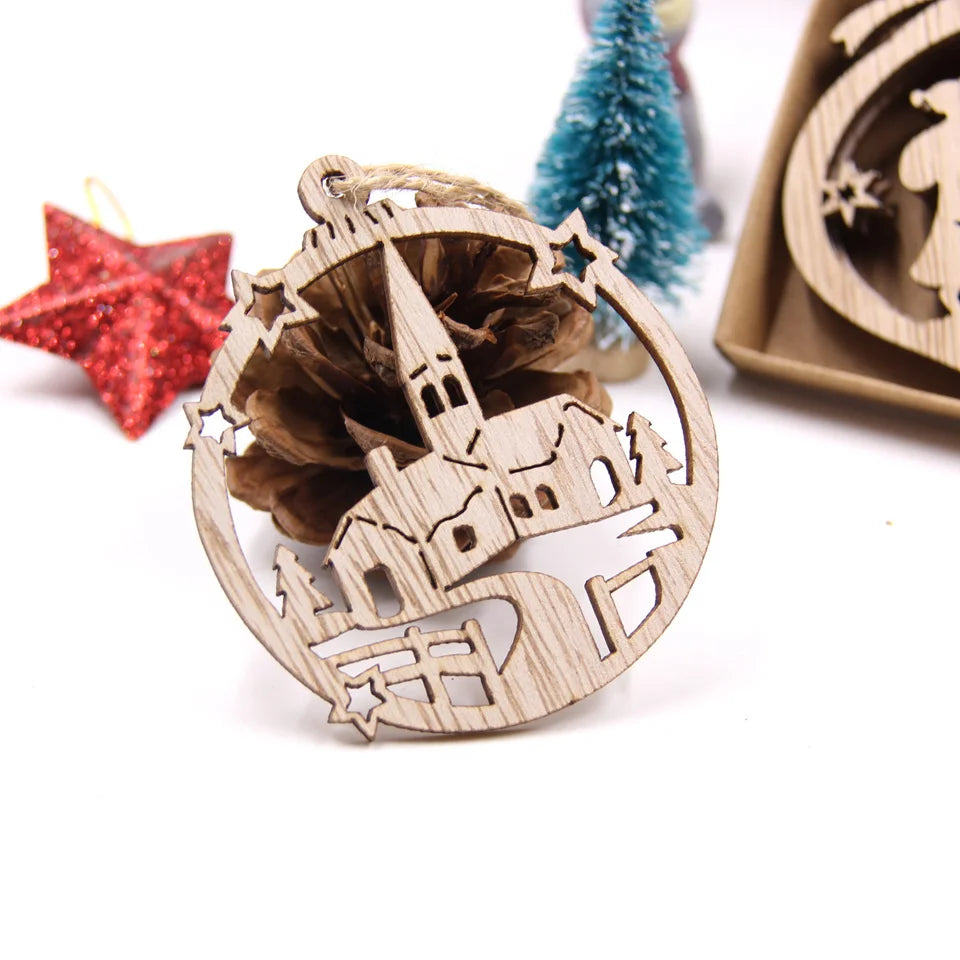 6PCS Christmas Wooden Pendants Hollow Ball Star Hanging Ornaments for Christmas Tree Decor Kids Gifts DIY Paingting Wood Crafts