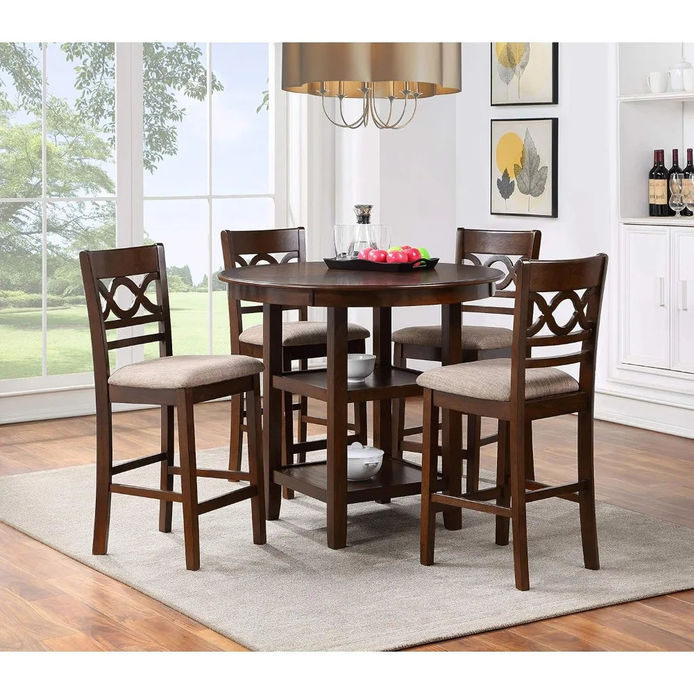 5-Piece Round Counter Set with 1 Dining Table and 4 Chairs, 42-Inch, Cherry Brown, Dining Room Sets