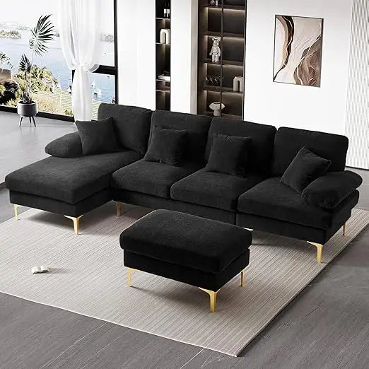 U-Shaped Sectional Sofa, 4 Seater Sofa Set , with Chaise Lounge, Ottoman and Pillows, Convertible L-Shaped Chenille Couch Sets