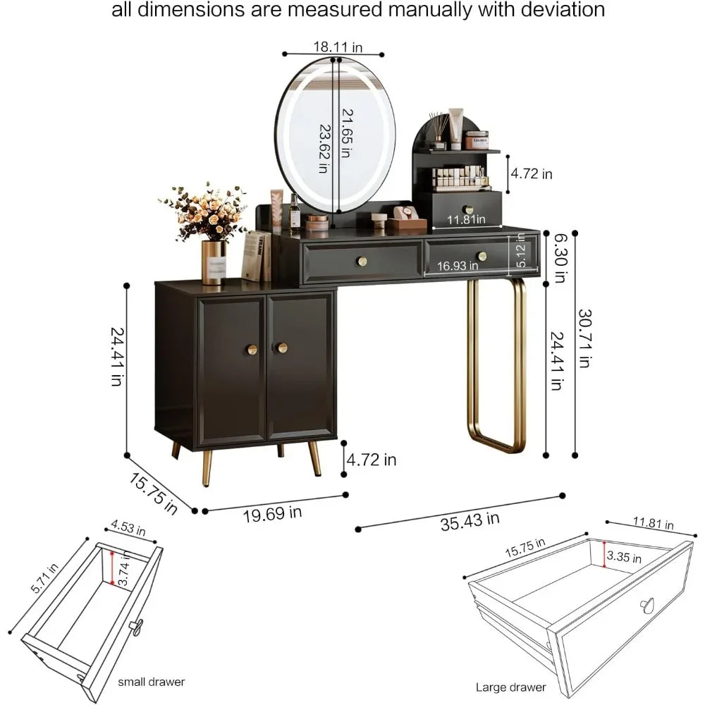 Vanity Desk with Mirror and Lights,Small Makeup Vanity with 2 Spacious Drawers,Modern Makeup Table with Adjustable Cabinet