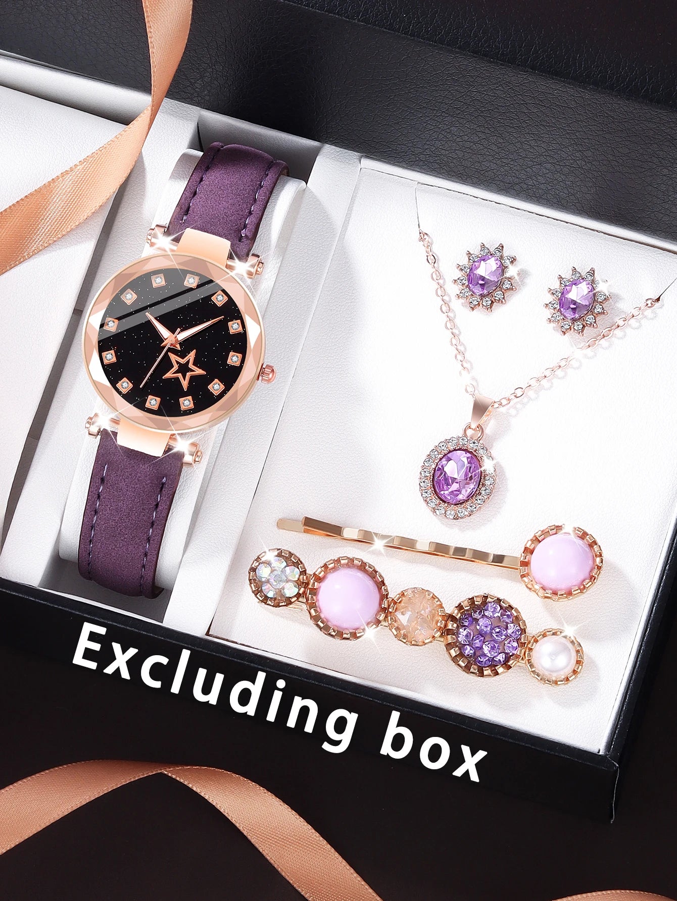 Purple fashion five-pointed star alloy leather women's quartz watch and purple hollow necklace set birthday gift wear pieces