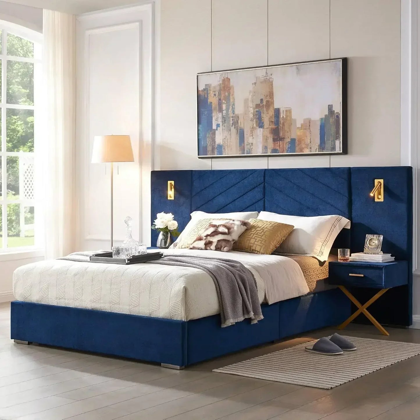 Luxury Bed Frame with Built-in Gold LED Lights and Nightstands,Platform Bed with Oversize Upholstered Headboard for bedrooms