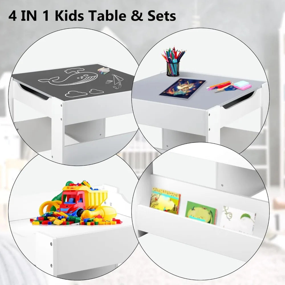 Kids Wood Table & 2 Chairs Set, 4 in 1 Children Activity Table w/Double Bookcase, Blackboard, Toddler Furniture Set for Art,