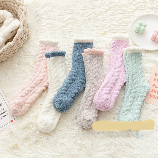 1 Pair Women Winter Warm Fluffy Fuzzy Socks Thick Thermal Soft Kawaii Mid Socks Coral Fleece Home Floor Sleep Fluffy Socks