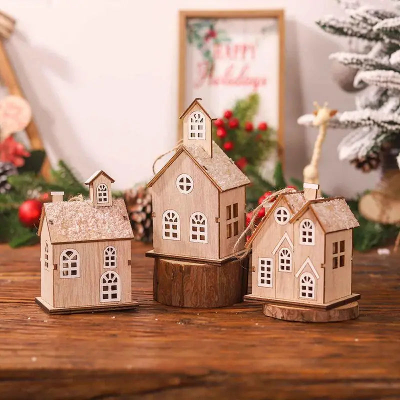 Christmas Village House Wooden Christmas Scene Ornament Decorative Glowing Miniature House Holiday Seasonal Decor Christmas Home