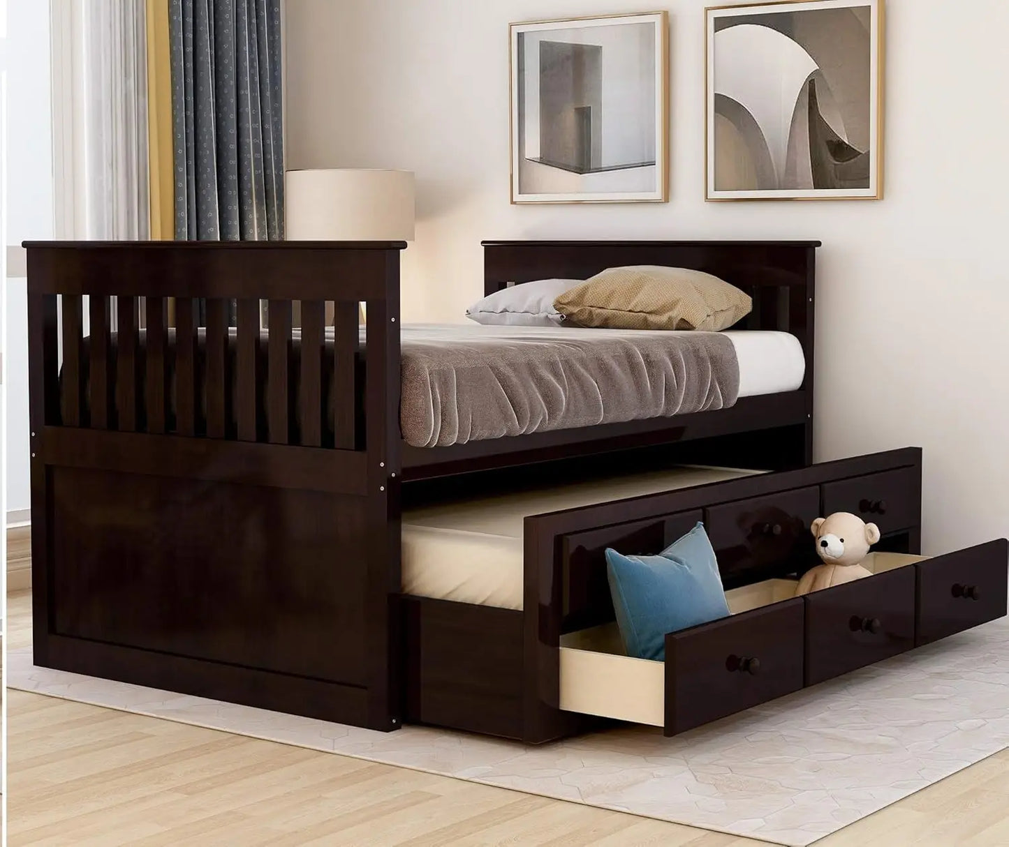 Twin Captain’s Bed Storage daybed with Trundle and Drawers for Kids Guests (Espresso)