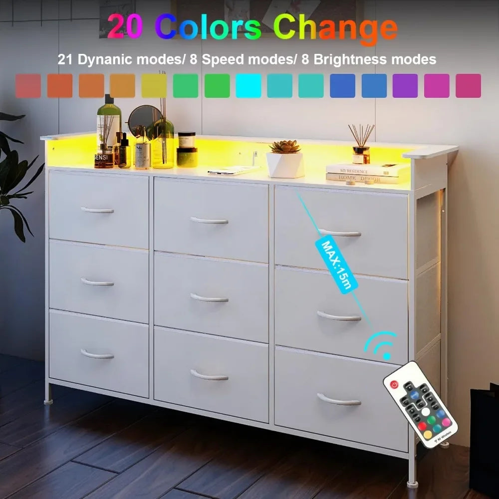 White Dresser with LED Light for Bedroom 9 Drawer Dressers with Charging Station Chests of Drawers for Entryway Closet bedroom