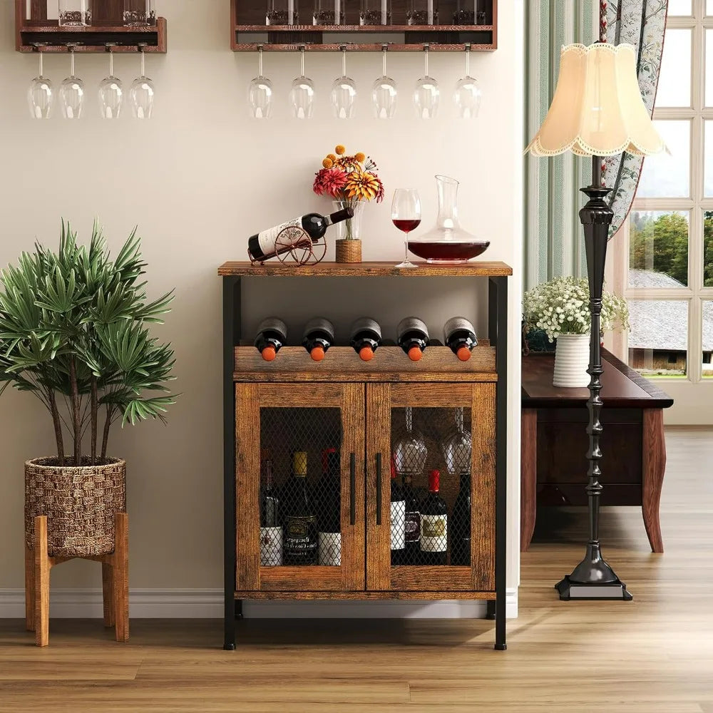 Wine Bar Rack Cabinet with Detachable Wine Rack,   with Glass Holder, Small Sideboard and Buffet Cabinet with Mesh Door,