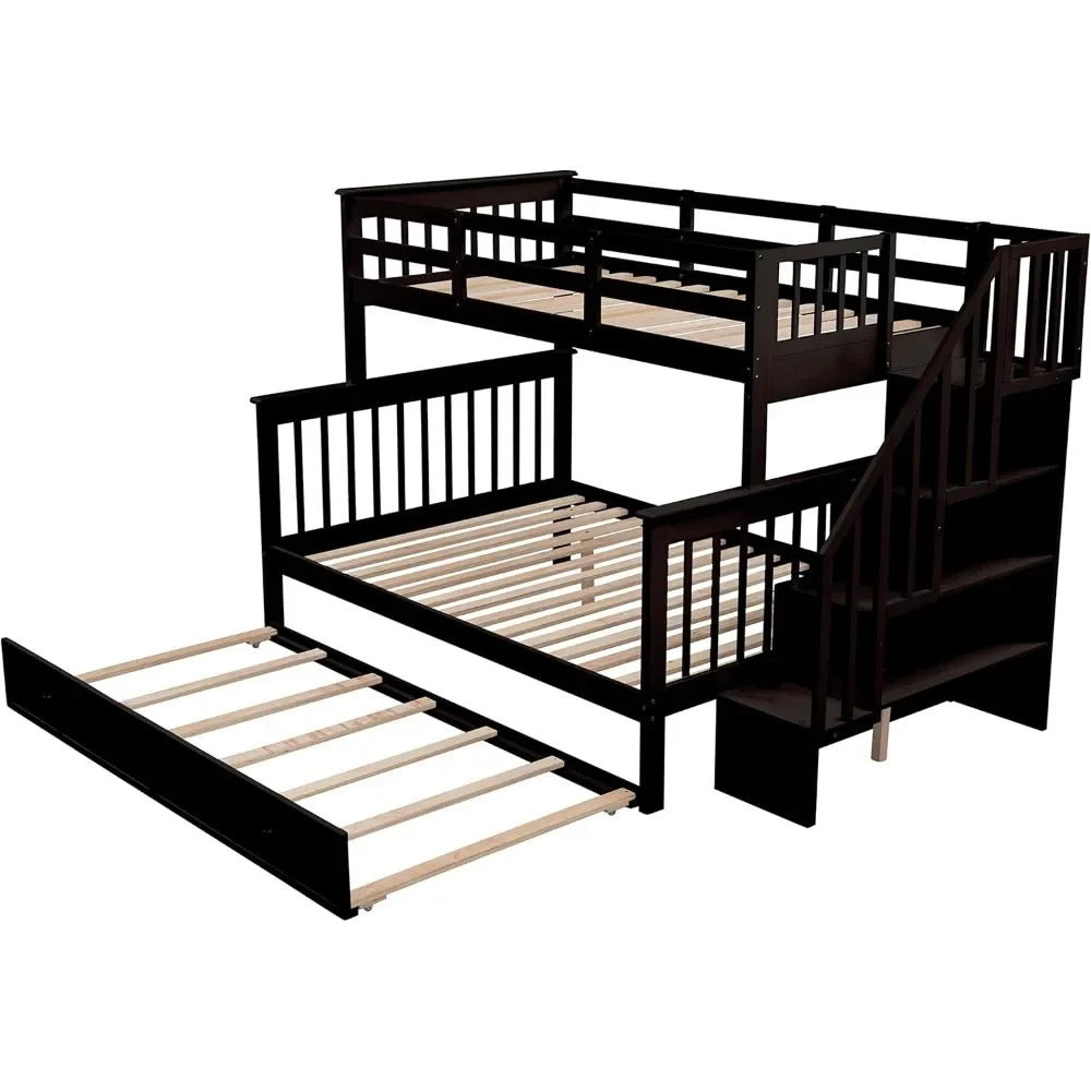 Twin Over Full Bunk Beds with Stairway and 3 Storage Drawers,Solid Wooden with Storage Stairway and Guard Rail for Bedroom, Dorm