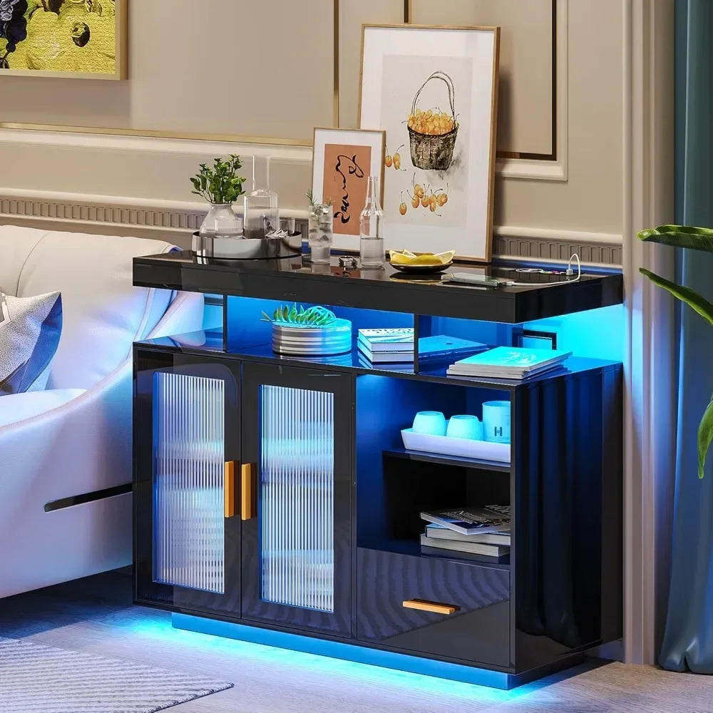 Living room cabinet,LED Sideboard Buffet Cabinet with Storage, Modern Black Coffee Bar Cabinet with Charging Station