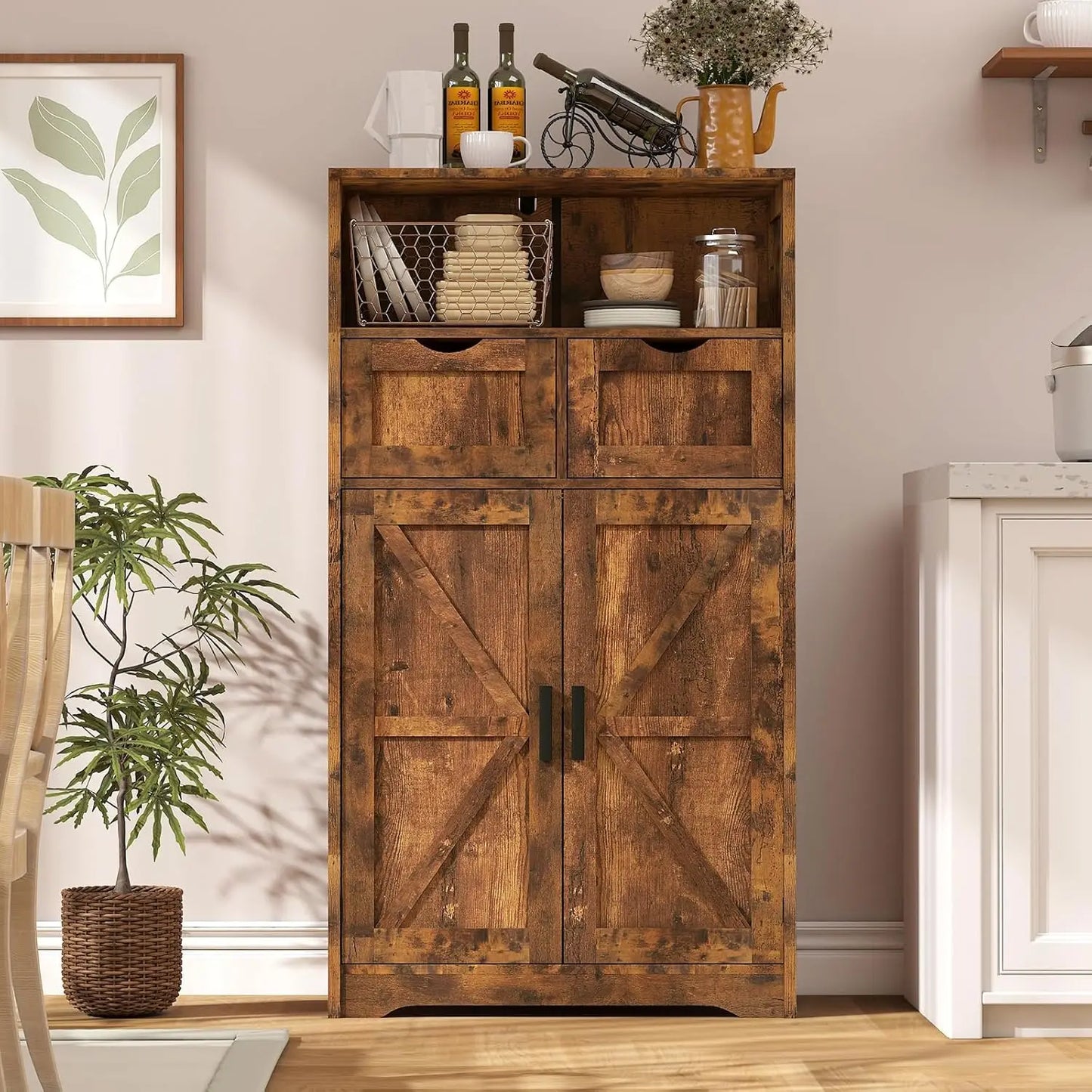 Cabinet with 2 Adjustable Drawers & 2 Barn Doors, Floor Cabinet, Freestanding Cupboard with Adjustable Shelf, for Living Room