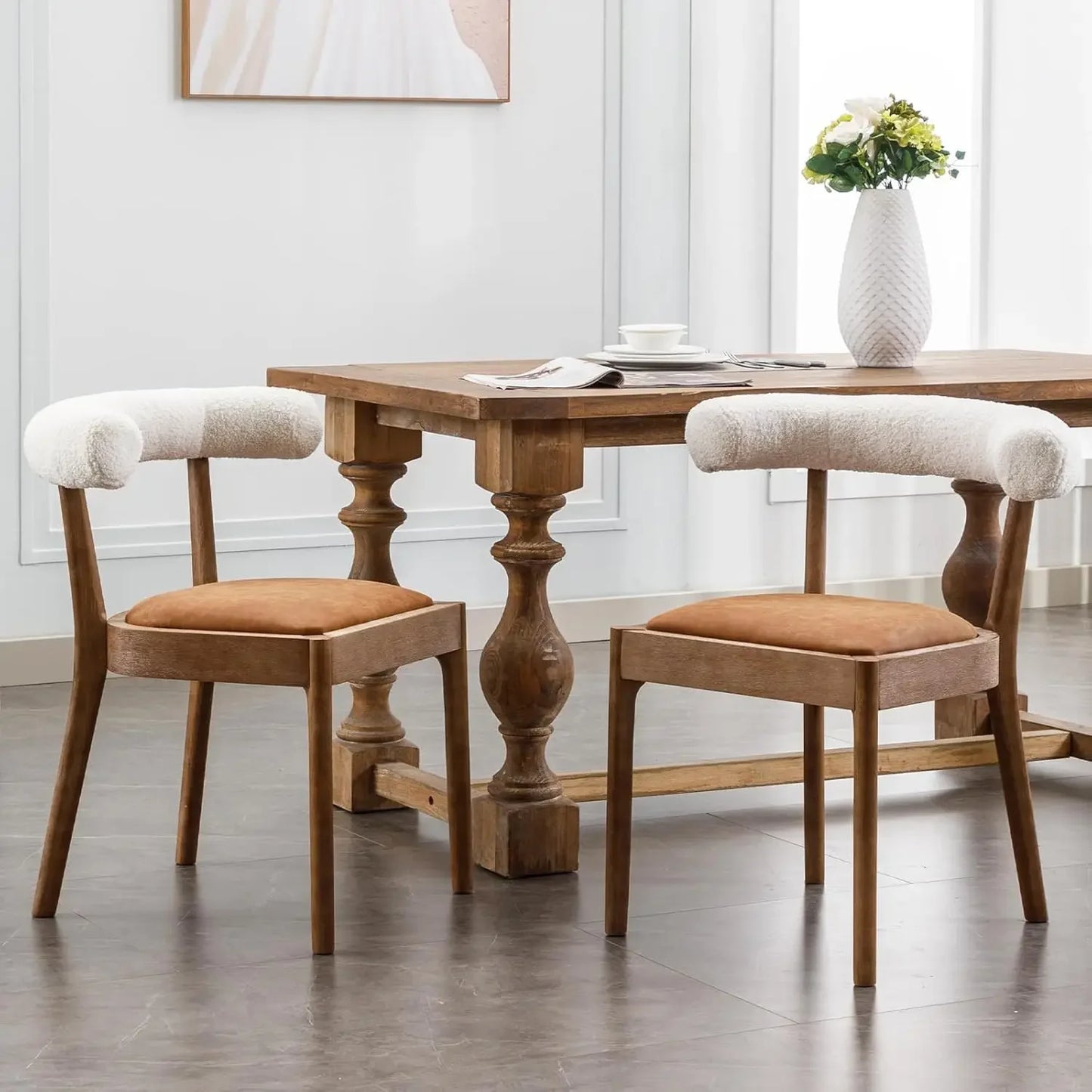 Table Chairs Set of 4 Linen Fabric Kitchen Chairs with Comfortable Open Back Wood Side Chairs for Living Room/Restaurant