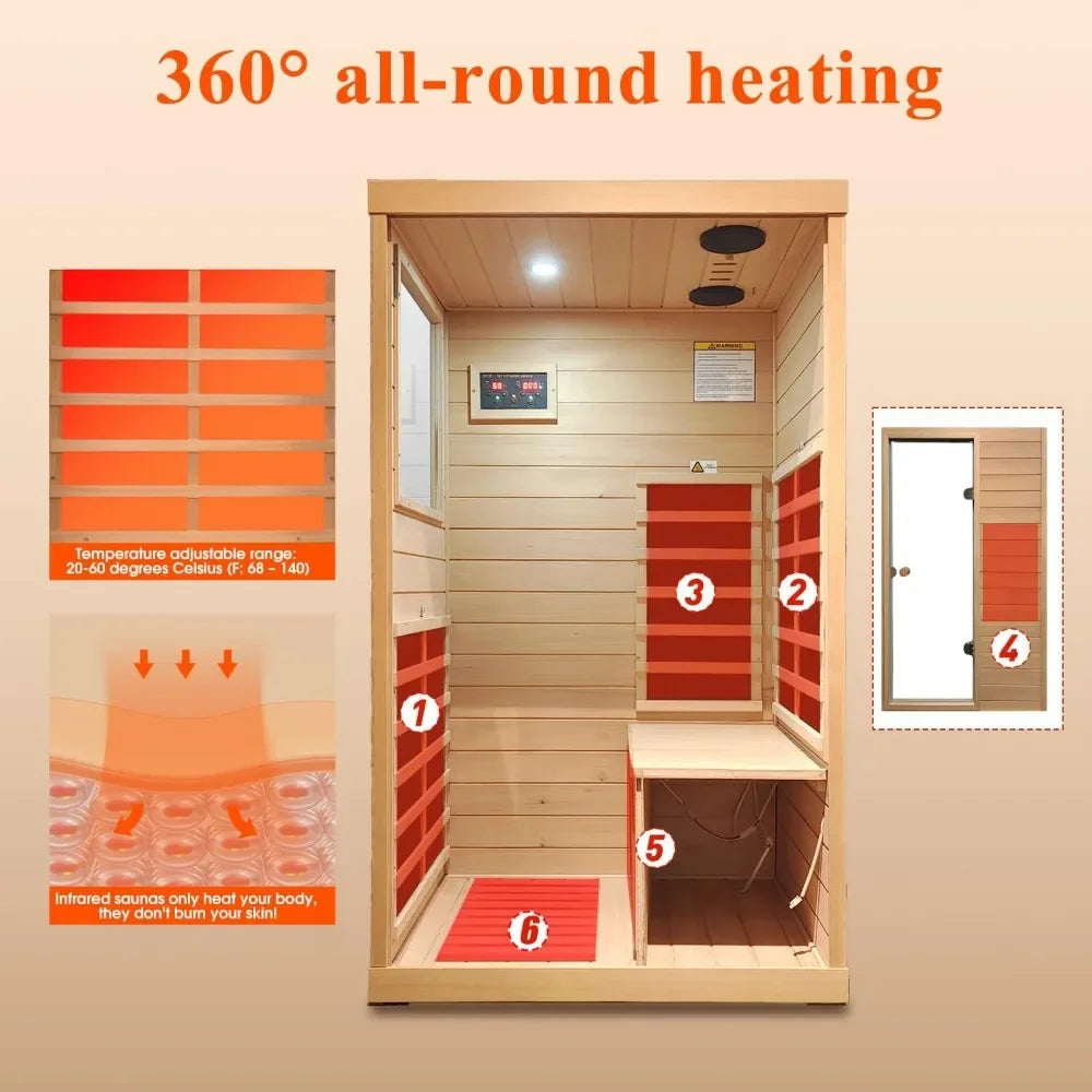 1 Person Far Infrared Sauna for Home, with 1050W Indoor Saunas, Low EMF Heaters, 2 Bluetooth Speakers, Hemlock Wood Sauna Room