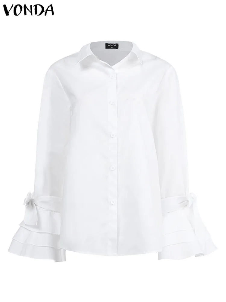 New Women's Spring Summer Sexy Turn-down Collar Flare Sleeve Party Tops Office Shirt Casual