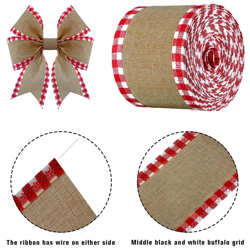 2 Rolls Buffalo Plaid Wired Edge Ribbons Christmas Imitate Burlap Fabric Craft Wrapping Ribbon Rolls with Checkered Edge