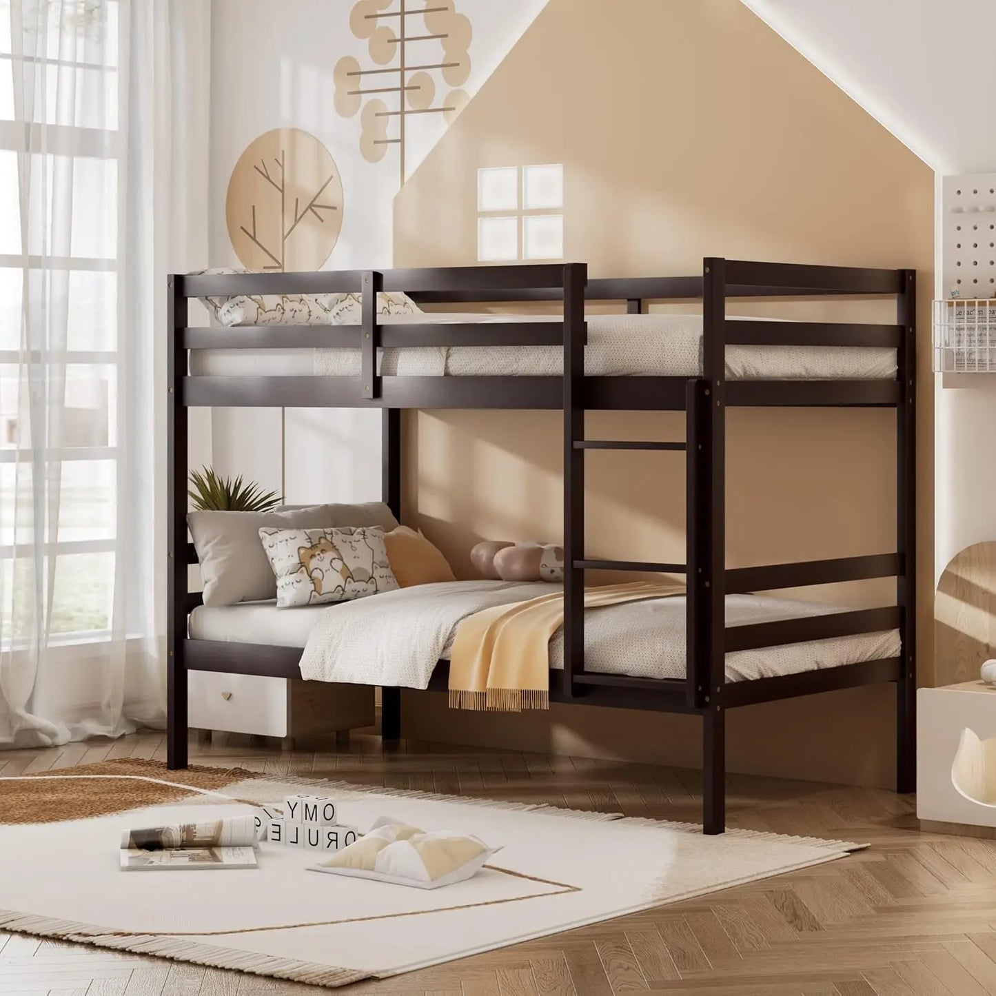 Wood Bunk Bed Twin Over Twin, with Ladder & Safety Guardrail, Solid Wood Bed Frame, No Box Spring Needed, Kids Bunk Bed