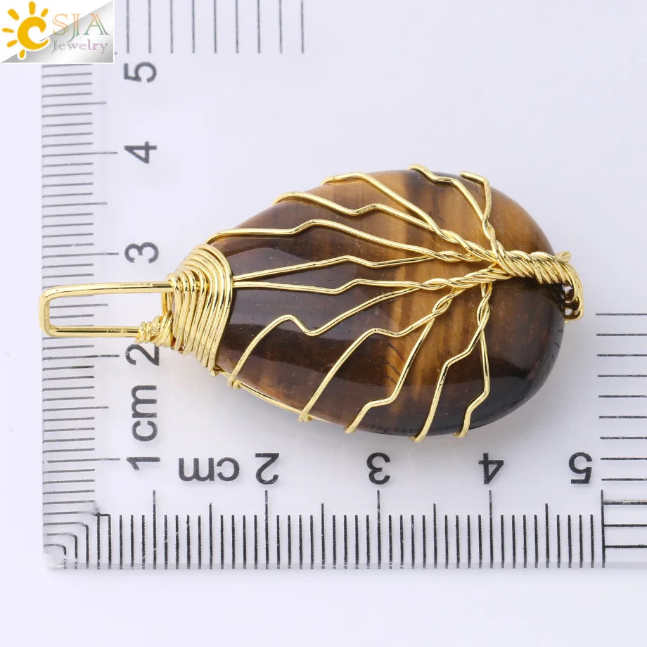 Tiger Eye Tree of Life Crystal Necklace Natural Stone Pendant Wire Wrap Rose Crystals Pink Quartz Amethyst Green Aventurine E585