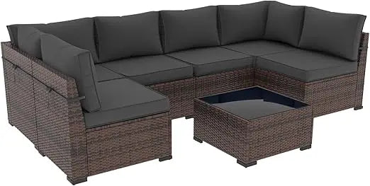 Outdoor Rattan Sofa Set, with Slanted Back, Patio Couch with Glass Coffee Table for Backyard ,7 Pieces Patio Furniture Sets