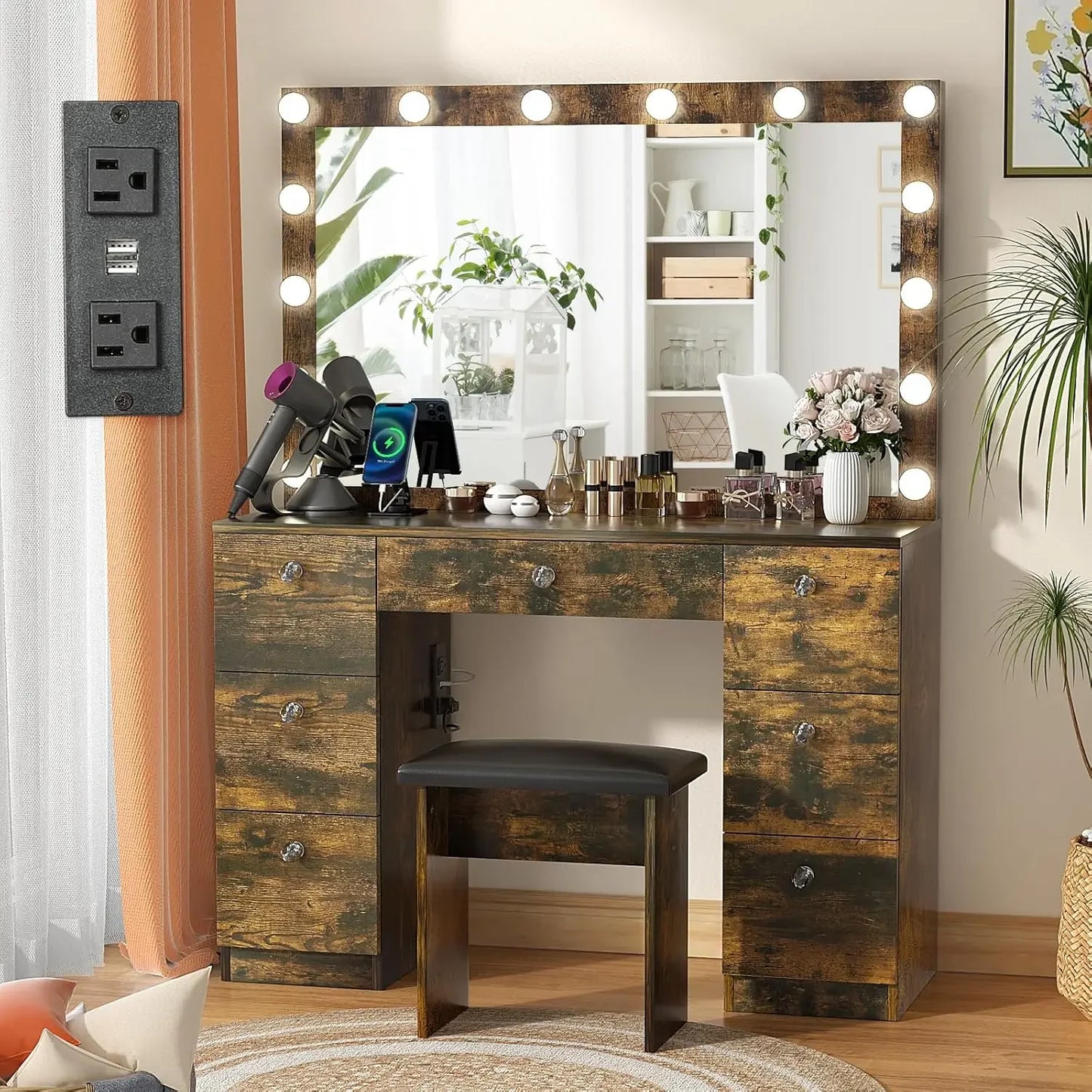 Vanity with Lighted Mirror,3 Color Lighting Modes Adjustable Brightness Makeup Vanity Desk with Power Outlet and LED Bulbs