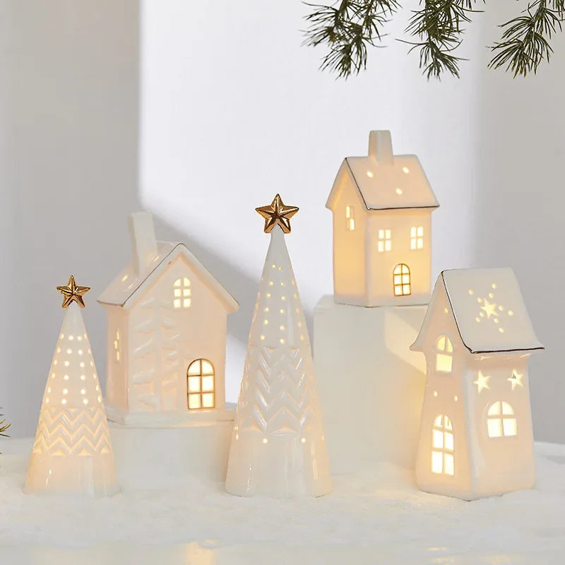 1/4Pcs Ceramic White Christmas Village Houses Light Up Small Porcelain Xmas Trees LED Lighted Tabletop House Figurines