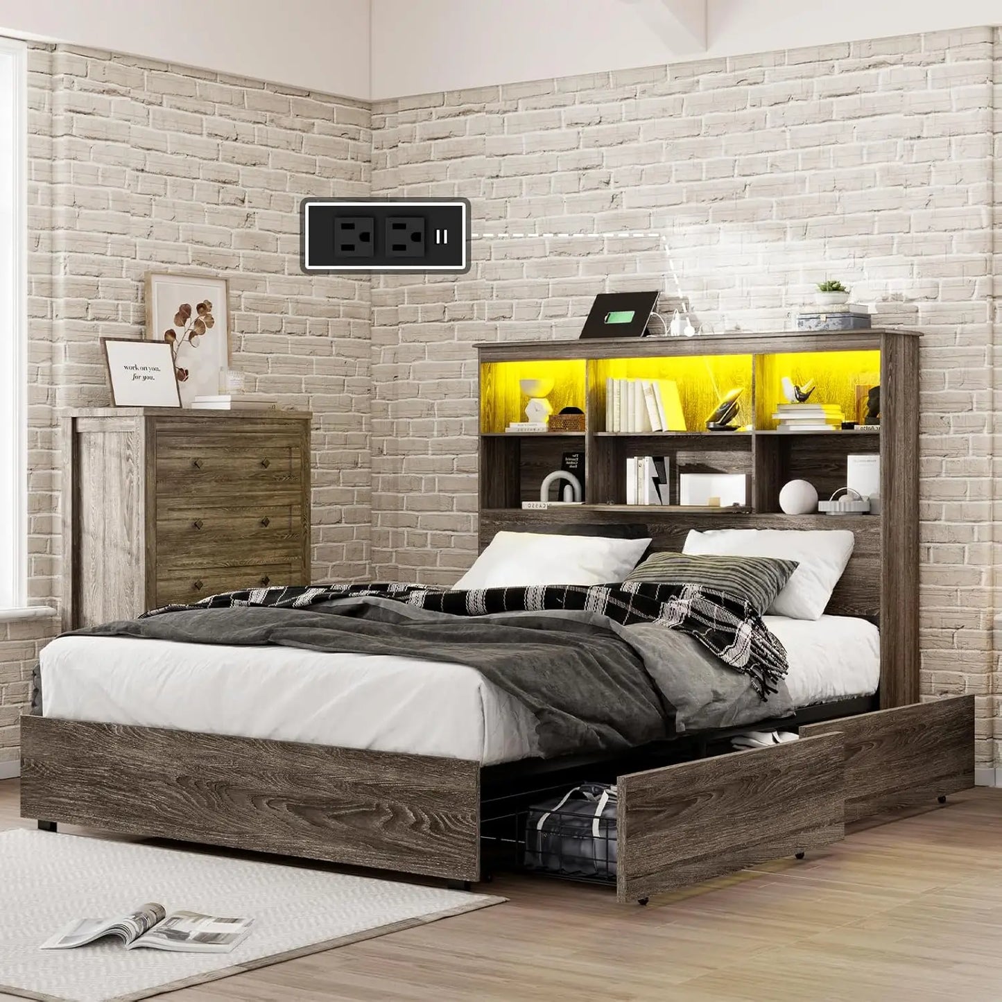 Bed Frame with LED Bookcase Headboard, Wooden Storage Bed with Charging Station & 4 Drawers, No Box Spring Needed/Noise-Free