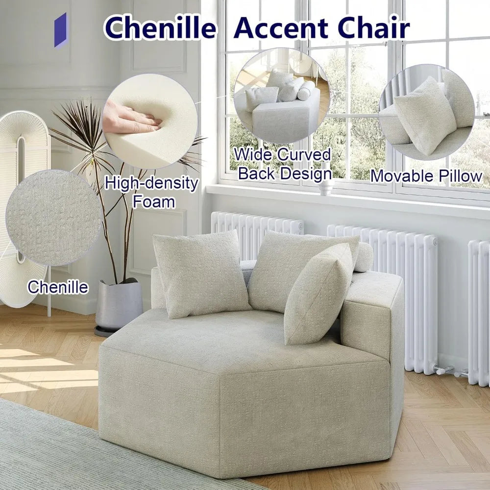 Single Sofa, Oversized Chaise Lounge, Fluffy Modern Sleeper Chair for Living Room Wide Armrest Lounge Chair Armchair with Pillow