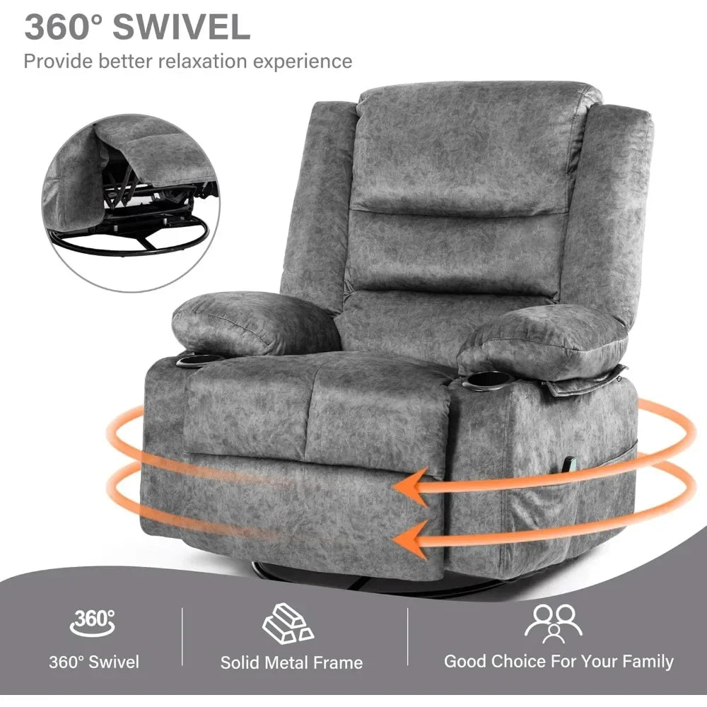 Rocker Recliner Chair for Adults with Massage and Heat, Overstuffed Glider for Nursery with Cup Holders,Grey,Living Room Chairs