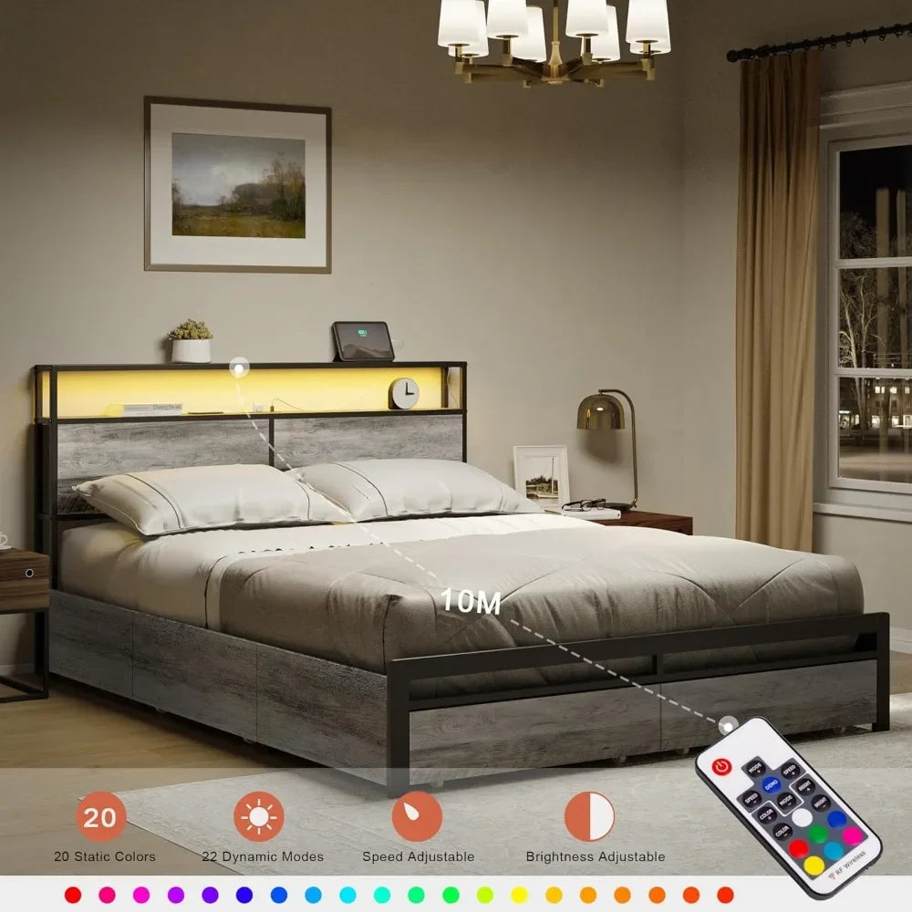 Queen Bed Frame with Storage Headboard and 4 Drawers LED Lights Metal Platform with Non-Slip Surface, Noise-Free Sturdy Meta