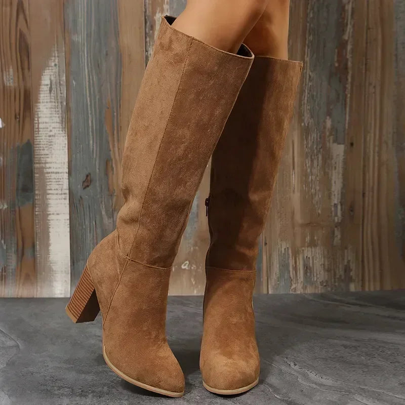 Women Retro High Heels Boots Western Cowboy Chunky Shoes  Winter New Warm Plush Leather Knee High Long Suede Boots 2024