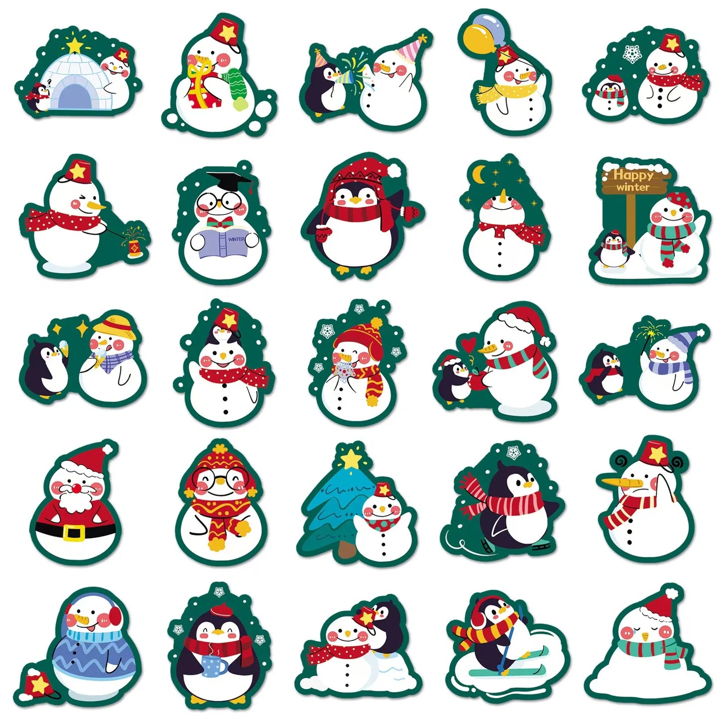 50pcs/pack Christmas Snowman Graffiti Stickers Waterproof PVC Stickers Phone Case DIY Decoration Lovely Winter Creative Gifts