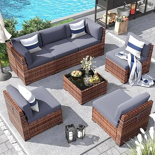 Patio Furniture Set, Sectional Sofa, for All Weather Rattan Patio Couch for Porch Garden Backyard ,7 Pieces Outdoor Sofa Sets