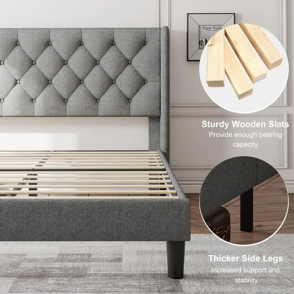 Queen Bed Frame with Upholstered Wingback Headboard, Platform Bed and Heavy Duty Wooden Slats Support, Easy Assembly, Noise-Free