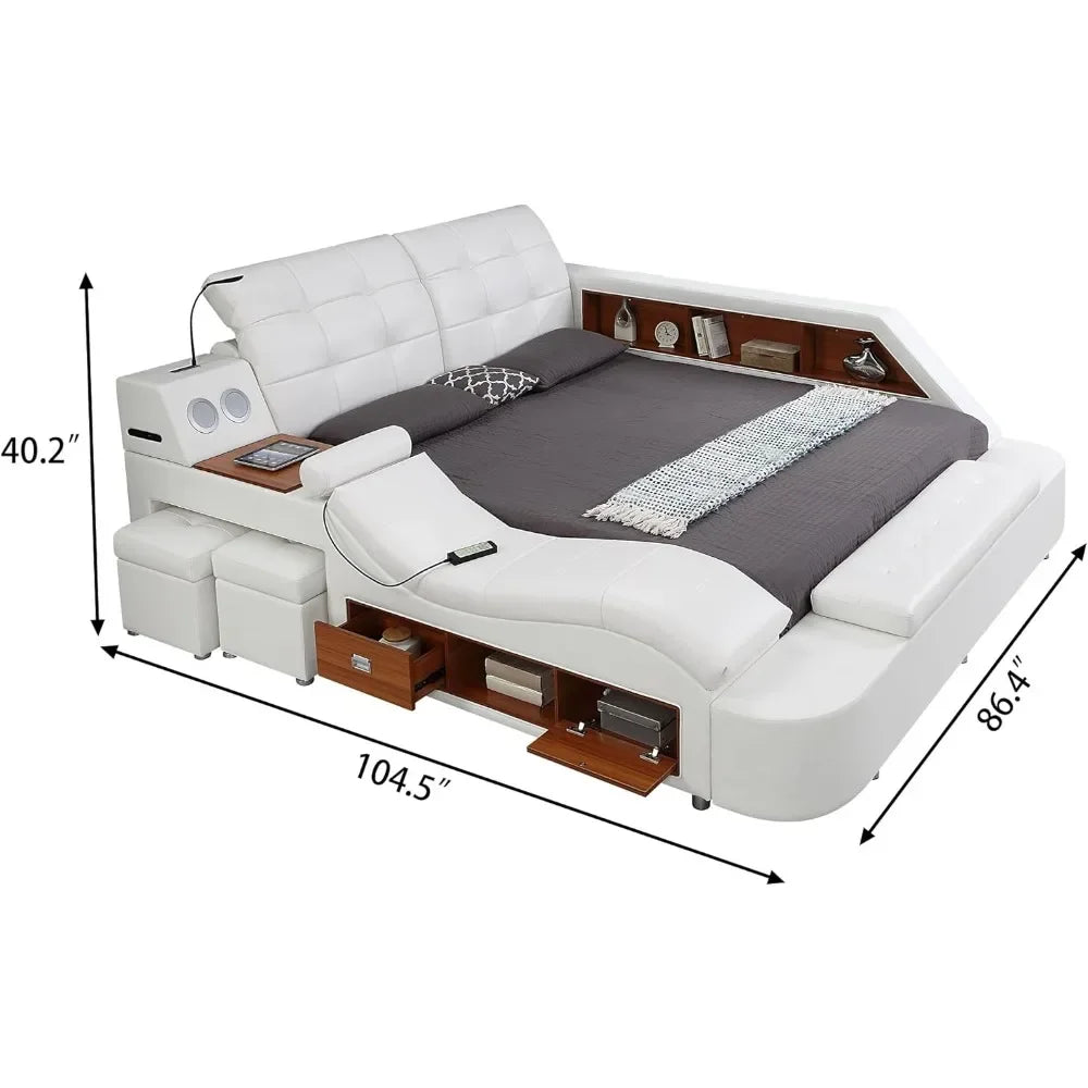 Multifunction Smart Queen Bed Frame, Luxury Upholstered Platform with Massage Recliner/Speaker/USB Port/Storage Drawers