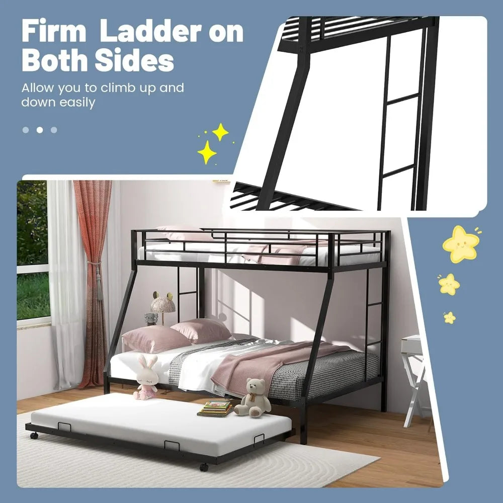 Bunk Bed with Trundle, Heavy-Duty Metal Bunk Bed Frame with Guardrail & 2 Ladders, Space-Saving Bunk Bed for Kids/Teens/Adults