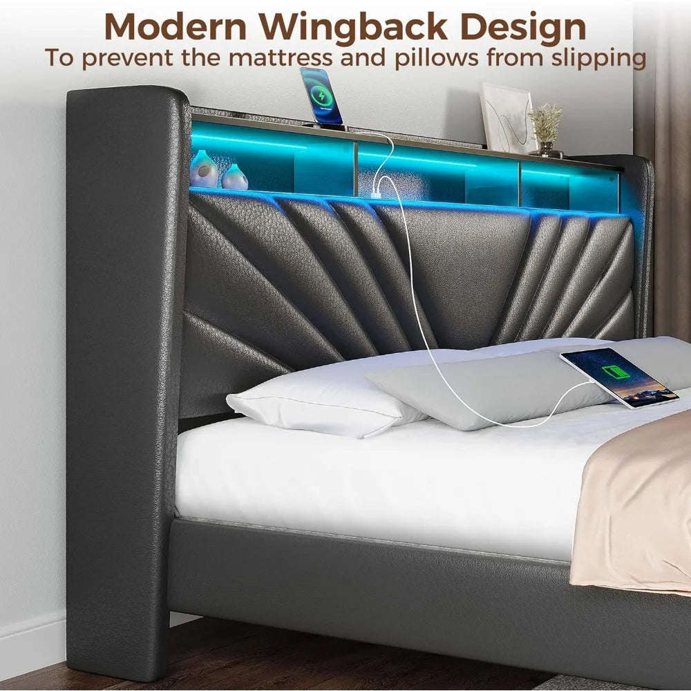 King Size Bed Frame, Storage Headboard with Charging Station and LED Lights, Upholstered Bed with Heavy Duty Wood Slats