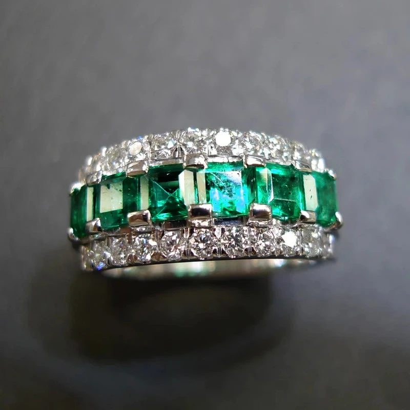 Huitan Luxury Dark Green Square Cubic Zirconia Wedding Bands Rings for Women Sparkling Silver Color Fashion Rings Party Jewelry