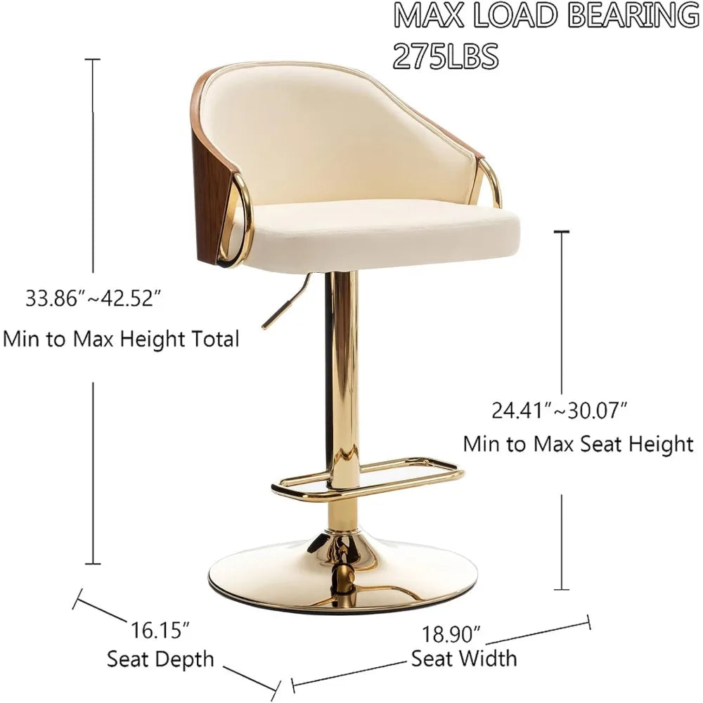 Swivel Bar Stools Set of 2 with Wood Back, Leather Upholstered Golden Stainless Steel Legs and Arms Adjustable Height Bar Chairs