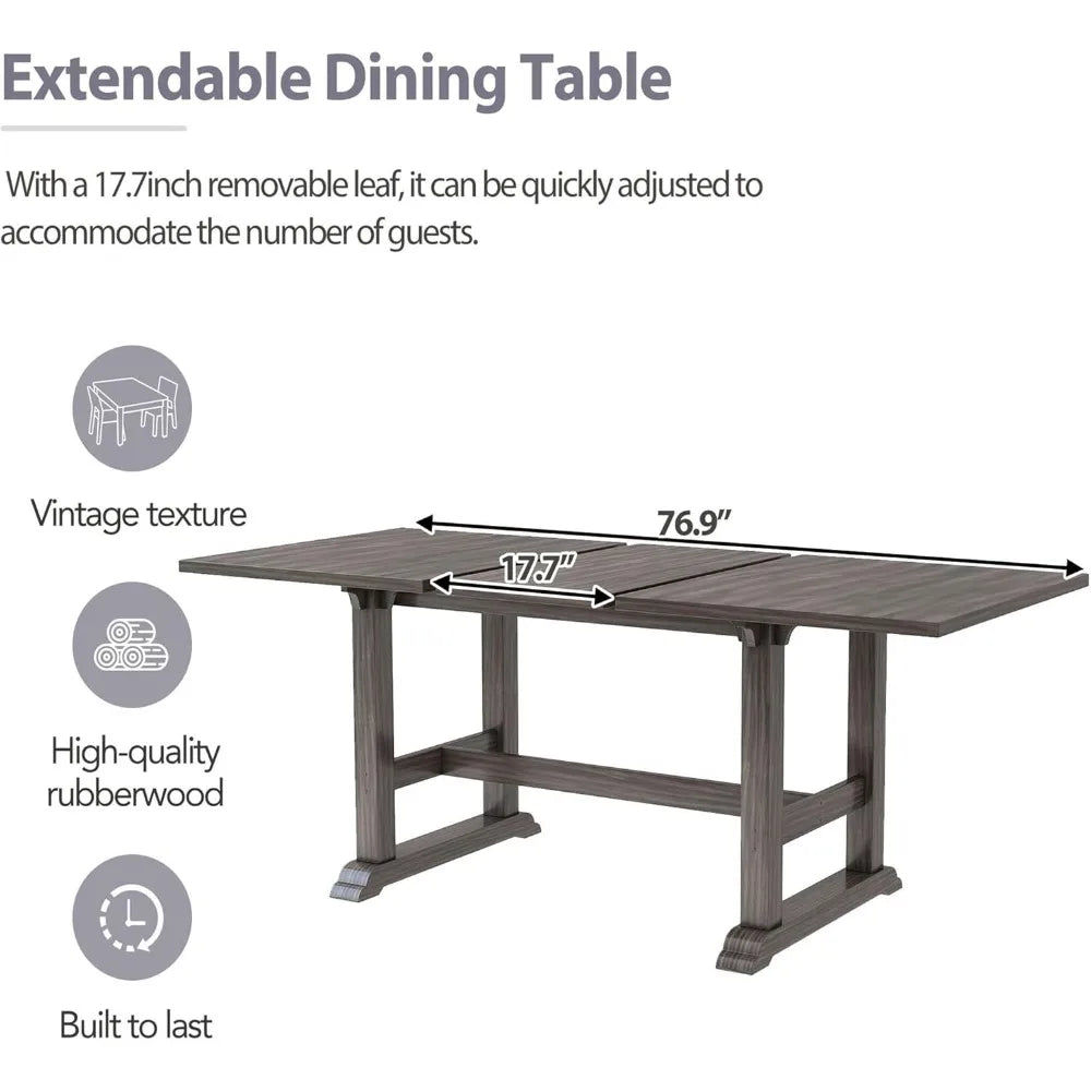 7-Piece Dining Table Set, 76.9inch Extendable Trestle Dining Table with Upholstered Side Chair and Arm Chair, Dining Table Set