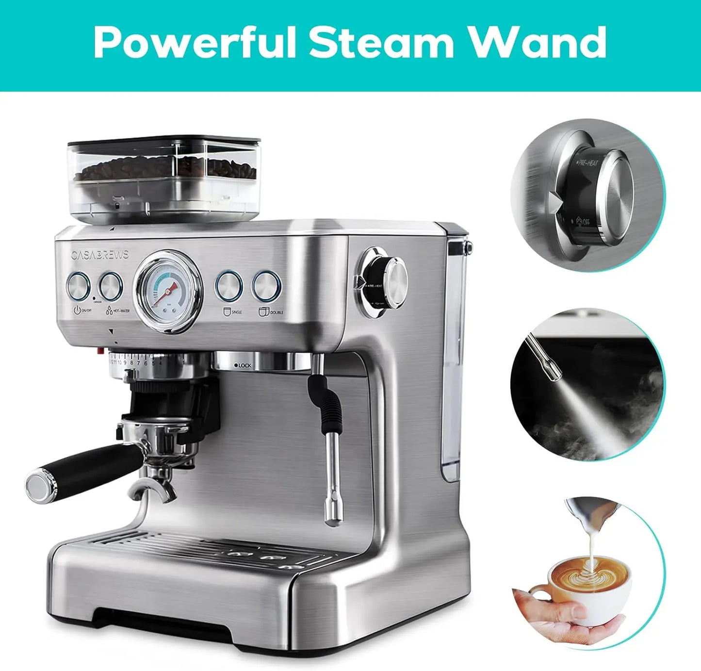 Espresso Machine With Grinder, Professional Espresso Maker With Milk Frother Steam Wand, Barista Latte Machine With Re