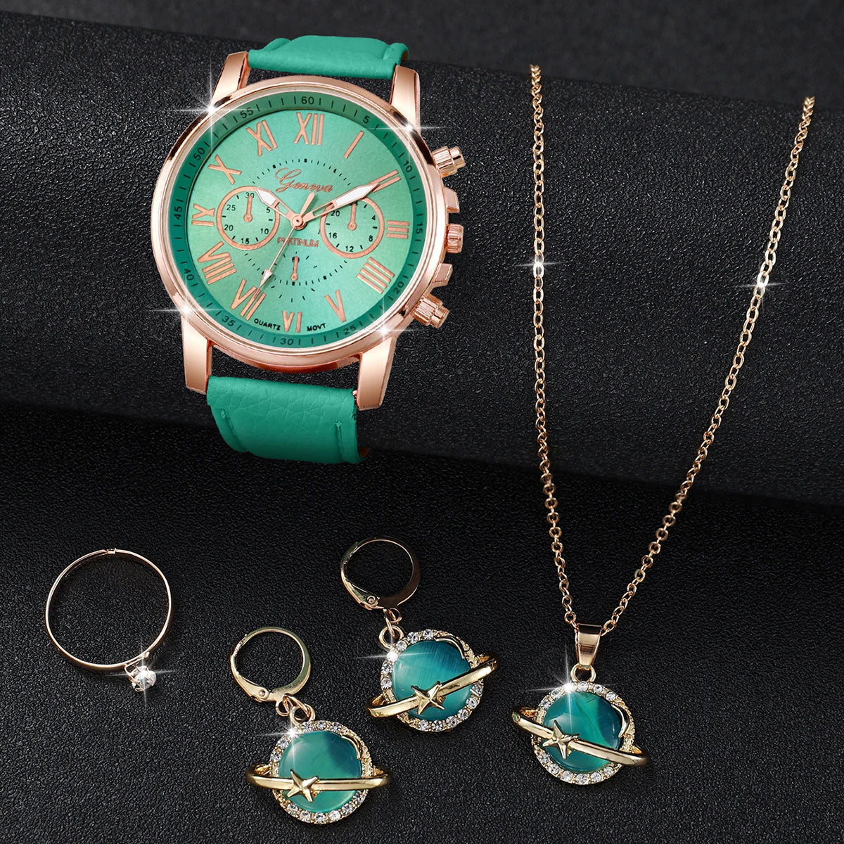 5PCS/Set Fashion Roma Dial Women's Quartz Watch Leather Band Wrist Watches Jewelry Set（Without Box）