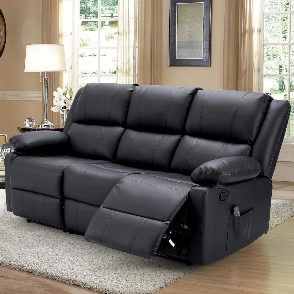 Reclining Sofa with Massage&Heat Function, Wall Hunger Recliner Couch 3-Seat Manual Faux Leather RV Sofa Couch, Home Theater