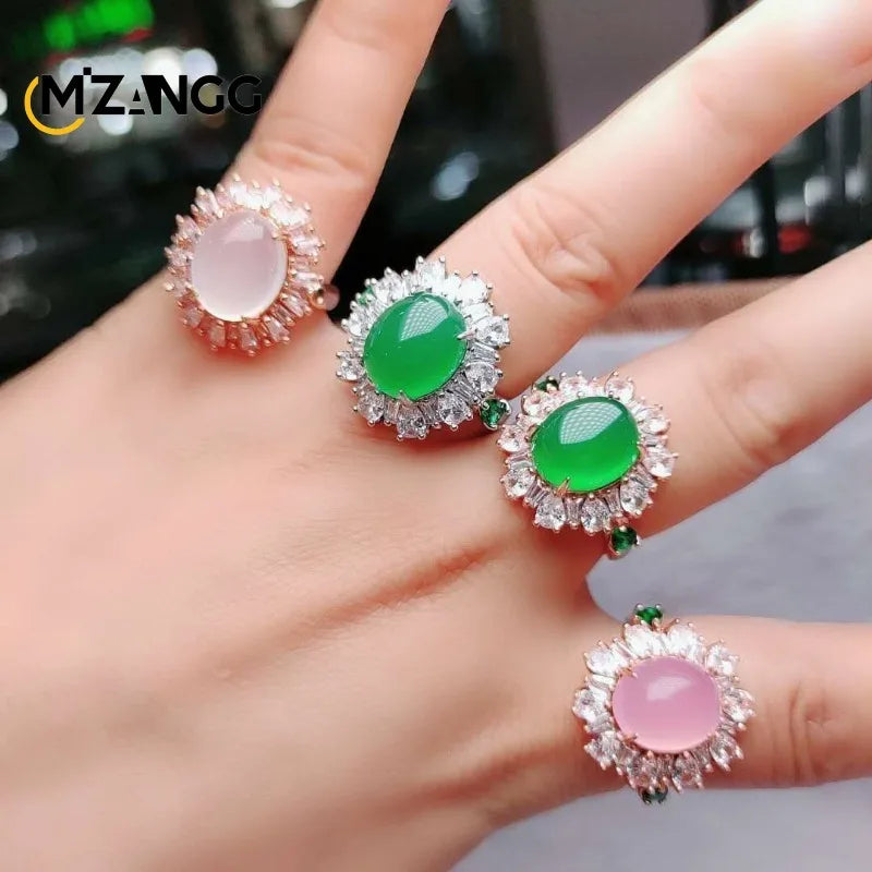 Natural Greenstone Ring 925 Silver Set Agate Egg Noodle Women's Adjustable Ring Exquisite Luxury Jewelry Holiday Gif